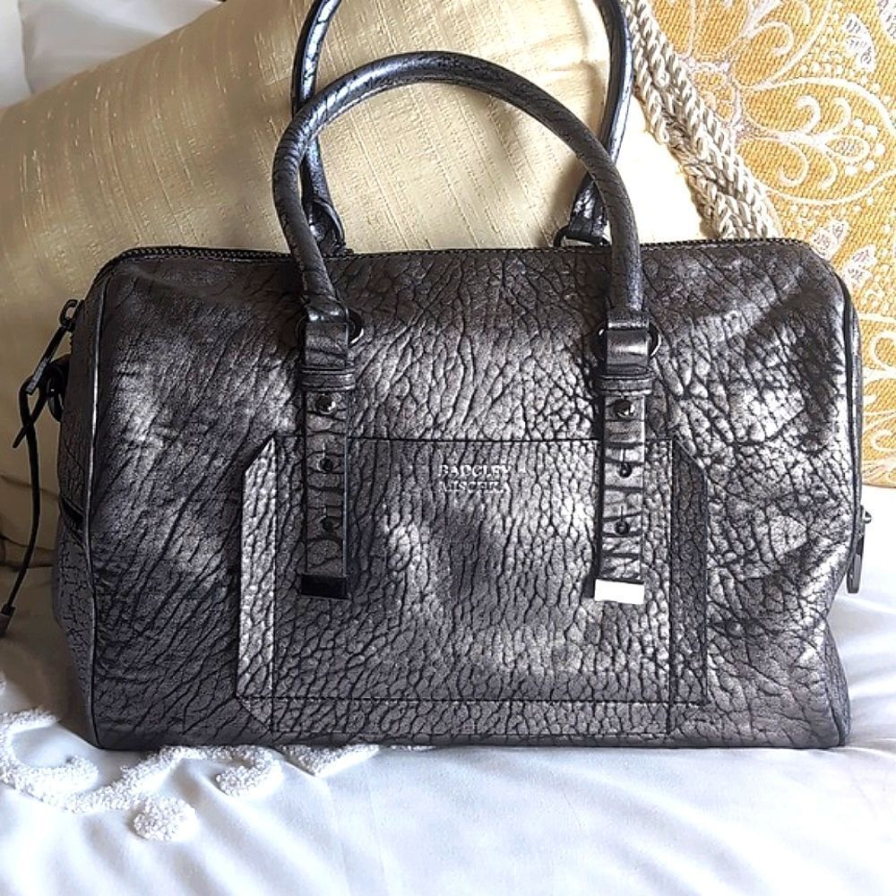 Badgely Mishka Metallic Leather Duffel Satchel Bag -Gunmetal/Silver